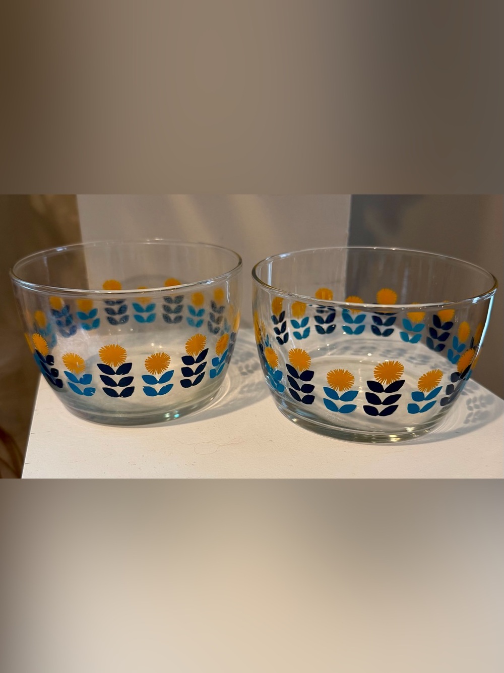 Mid Century Blue & Yellow Libbey Dandelion Small Glass Serving Bowls - Set of 2